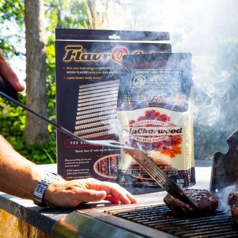 Grilling steak with Starter Kit With Natural Sugar Maple Charcoal Chips And Stainless Steel Grid Delivers True Charcoal BBQ Flavor
