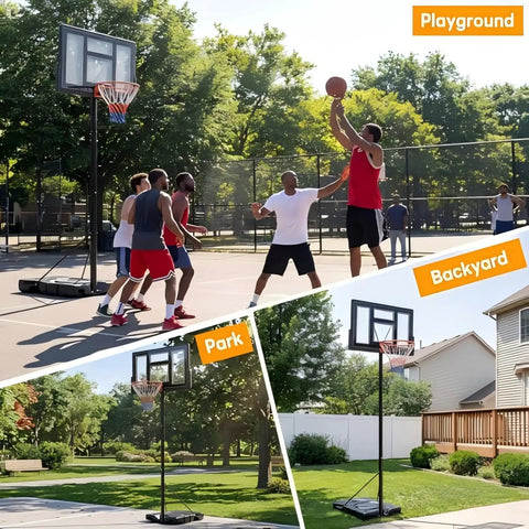 People playing basketball with Backyard Portable Adjustable Basketball Hoop System for Indoor Outdoor Play in playground, park, backyard