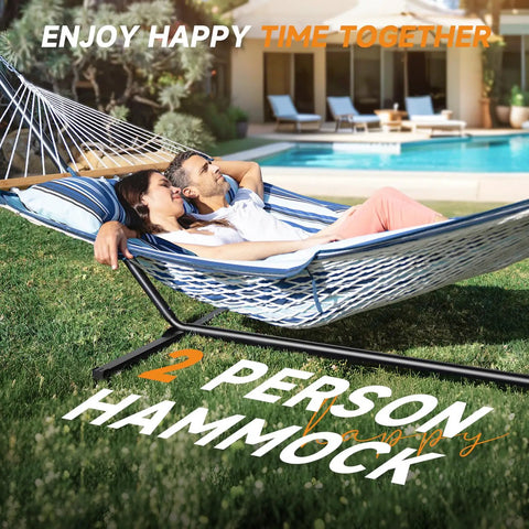 Two Person Outdoor Hammock With Stand For Lazy Summer Lounging, Cotton Rope Hammock With Removable Quilted Polyester Pad