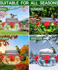 Hummingbird Feeder With Cute Mason Jar Design, Four Silicone Flower Ports shown in spring, summer, autumn, and winter settings.
