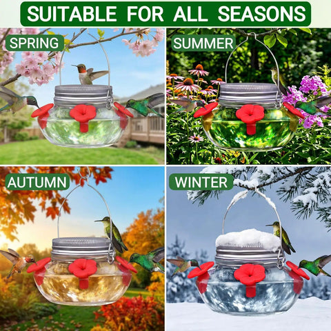 Hummingbird Feeder With Cute Mason Jar Design, Four Silicone Flower Ports shown in spring, summer, autumn, and winter settings.