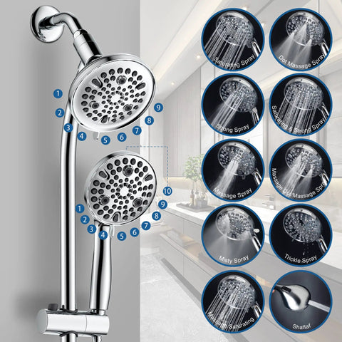 High Pressure Shower Head Combo With 82 Modes 3 Way Handheld And Showerhead 25.75 Inch Adjustable Drill Free Slide Bar