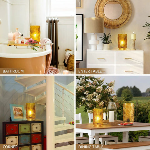 Cordless Battery Powered Table Lamp With LED Bulb And Timer Delivers A Lit Glow Leaf Veined Glass Nightlight In Soft Yellow With Gold Base For A Cozy Vibe In Bathroom, Entry Table, Corner, Dining Table