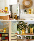 Multiple settings with a Cordless Battery Operated LED Glass Lamp With Timer Yellow Table Centerpiece glowing in different spaces.