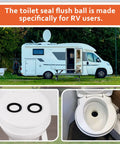 RV Toilet Flush Ball Seal for Dometics 300 310 320 Series Two Pack, Leak Proof Fit Keeps Your RV Bathroom Dry, Easy Install, No More Messy Flushes, Reliable Seal for Quiet, Clean Rides. Two black rubber seals on RV toilet seat and installed bowl