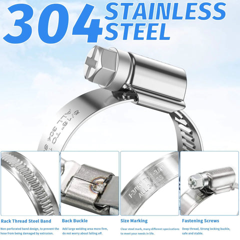 Close-up of 304 stainless steel hose clamp with worm gear drive, detailed size markings, suitable for plumbing and industrial use.