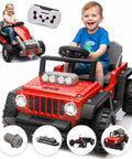 12V Kids Ride On Building Block Car With Parental Remote Control Buildable Jeep Mode, red, children playing, frontal view