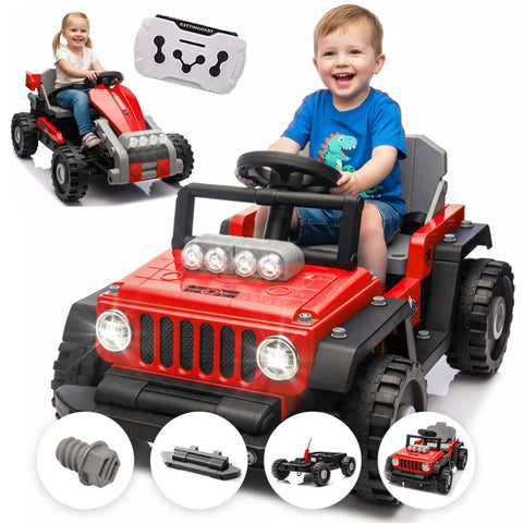 12V Kids Ride On Building Block Car With Parental Remote Control Buildable Jeep Mode, red, children playing, frontal view