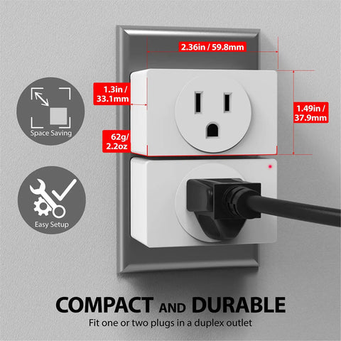 Close-up of Wireless Remote Outlet Switch Set (2 Pack) No Wiring, Plug In Wall Switch For Lamps, Lights, And Fans with measurements.