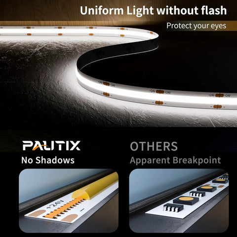 Crazy Bright COB LED Strip Light 32.8ft 10m With 5040 LEDs 6000K white high lumen flexible tape showcasing uniform illumination
