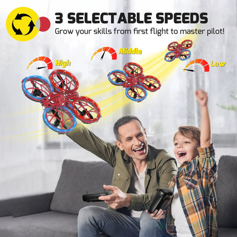 Father and son control Kids Mini Drone With Altitude Hold And Headless Mode, Two Batteries, Full Propeller Guards indoors.