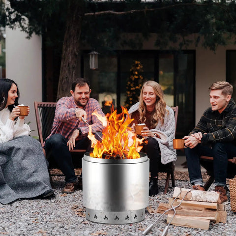 Heavy Duty 27 Inch Fire Pit Kit With 304 Stainless Steel Build in use during a backyard gathering with friends around a warm fire.