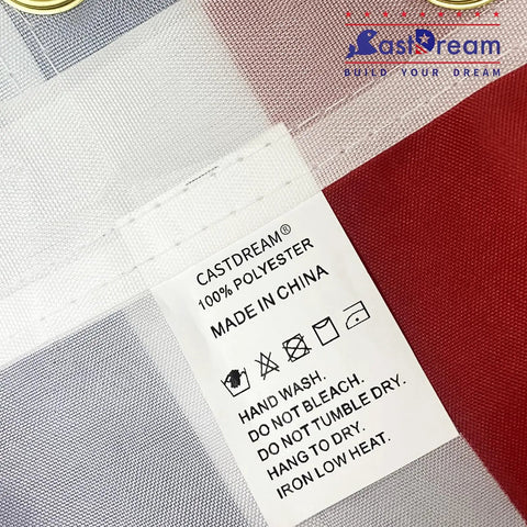 Outdoor US Flag 3x5 Ft Two Pack Fade Resistant Polyester Flags With Double Stitched Edges And Brass Grommets label with instructions