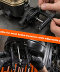 Road Ready Brake Booster Adjustment Tool With Magnetic Aluminum Push Rod Length Gauge measuring spacing for master cylinder setup.