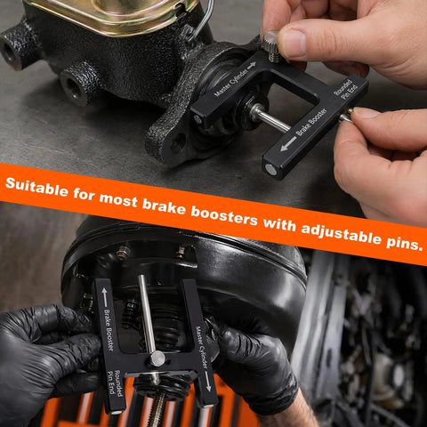 Road Ready Brake Booster Adjustment Tool With Magnetic Aluminum Push Rod Length Gauge measuring spacing for master cylinder setup.