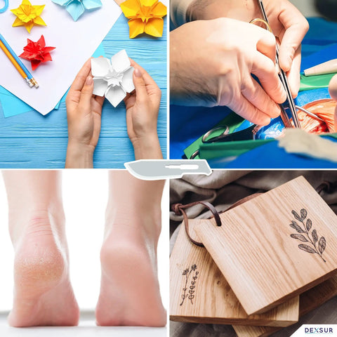 Collage of hands crafting paper, surgery using tools, cracked heels, and engraved wood, symbolizing diverse utility.