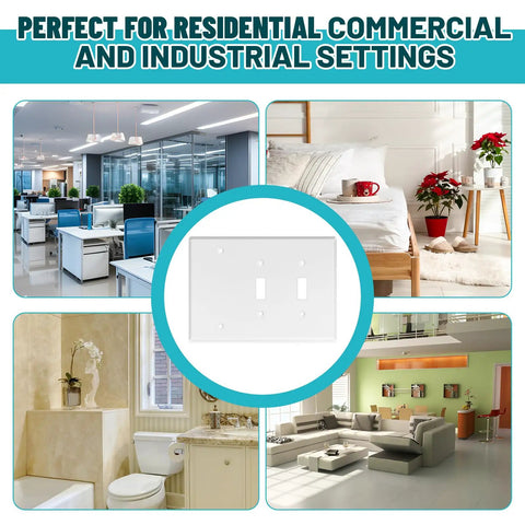 Installed view of Three Gang Wall Plate With Two Toggle Holes And One Blank Cover Gloss White Stainless Steel Finish Standard Size 4.50 By 6.38 Inches Corrosion Resistant GFCI Outlet Receptacle Compatible Conceals Unused Switches For A Clean Look.