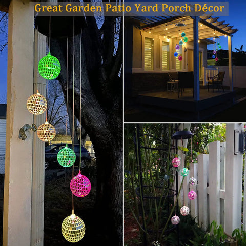 Solar Disco Ball Garden Light With Color Changing LEDs For Outdoor Patio Decor shown hanging in a garden at night.