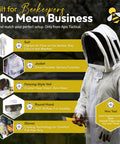 Beekeeper wearing protective gear holding Heavy Duty Beehive Tool For Beekeeping Prying Lifting And Scraping With 3 Point 5mm Thick Heat Treated Stainless Steel For Maximum Durability And Strength Tough As Nails Great For Frames Propolis And Hive Maintenance next to infographic.