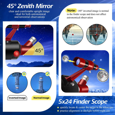 High Powered 90mm Aperture 550mm Refractor Telescope For Adults And Kids Dope Lunar Craters And Terrestrial Views Fully Multi Coated Optics For Bright Crisp Night Sky Viewing, 45° zenith mirror and 5x24 finder scope