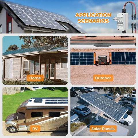 Collage showing Solar Panel Disconnect Switch 1000V 60A Outdoor PV Breaker IP65 used in homes, RVs, and solar panel installations.