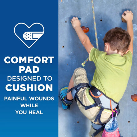 Child rock climbing with Go To Adhesive Bandages Variety Pack For Minor Cuts Scrapes And Burns, Keeps Dirt And Germs Out visible on arm