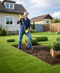 Gardener using 65 Inch Bow Rake For Heavy Duty Garden Work With 17 Tine Metal Head And High Strength Adjustable Handle on lawn
