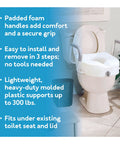 EZ Lock Toilet Seat Riser with Safety Frame, 5 inch lift, padded handles on elongated toilet in bathroom setting