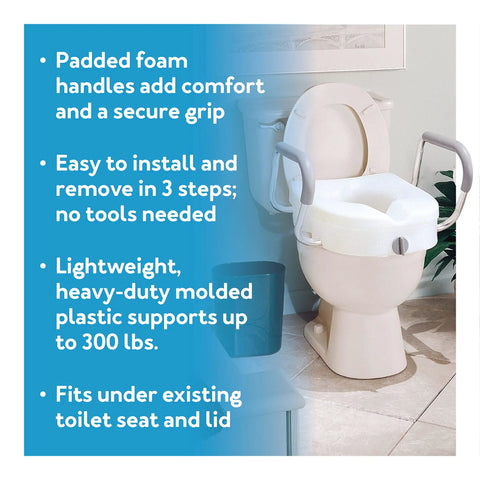 EZ Lock Toilet Seat Riser with Safety Frame, 5 inch lift, padded handles on elongated toilet in bathroom setting