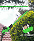 Cordless 18 Inch Hedge Trimmer With Extension Pole And 16 Foot Reach in use showing dual-action blade over hedge