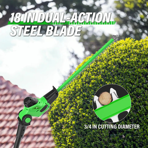 Cordless 18 Inch Hedge Trimmer With Extension Pole And 16 Foot Reach in use showing dual-action blade over hedge
