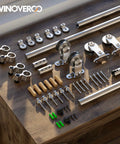 Beefy 72 Inch Top Mount Sliding Barn Door Hardware Kit Stainless Steel Heavy Duty Track For Double Doors, Smooth Quiet Operation, Fits Doors Up To 18.5 By 2 Inches, Easy Install, Panel Not Included components laid out on wood surface.