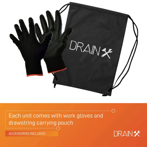 Pro Grade Heavy Duty 25 Foot Steel Drum Auger Drain Snake Kit with gloves and storage bag, for various drain sizes