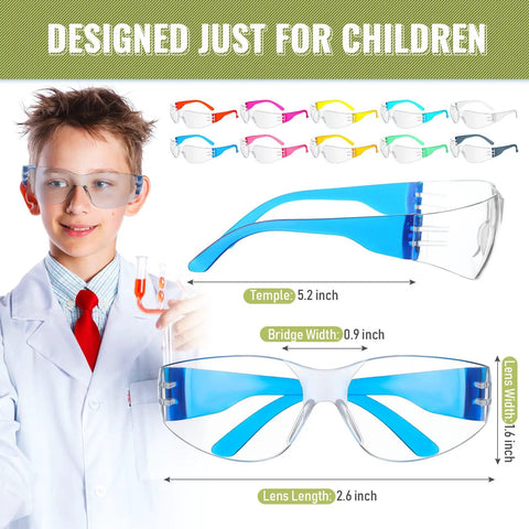 Child wearing blue kids safety glasses from 100 Pack Kids Safety Glasses Bulk Set for Lab, Sports, and Shooting - Multicolor Protective Goggles with 10 Color Options.