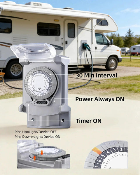 Straight Up Tough Outdoor Mechanical Timer Switch 24 Hour With 30 Minute Intervals For Backyard Lighting And Power Boxes 20 Amp 120 Volt Waterproof, close-up of dial settings next to RV.