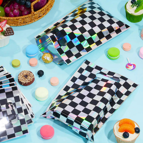 50 Pack Iridescent Checkered Race Car Party Favor Bags Black And Iridescent Plastic Goodie Bags Racecar Laser Plaid Gift Bags