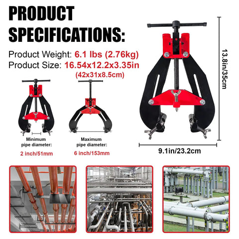 Pipe Clamp Two To Six Inches Quick Release T Handle Welding Alignment Tool for 2-6 inch pipes. Product specifications and uses shown.