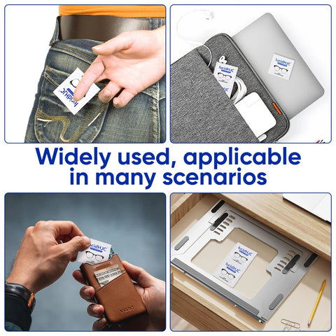LucidHJC lens wipes, 400-count, individually wrapped; for glasses, cameras, and screens; shown in pocket and laptop bag.
