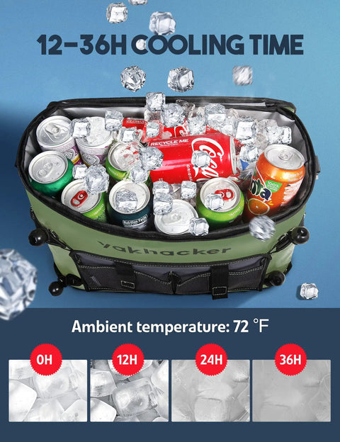 Waterproof Kayak Cooler Bag With Seat Back Design filled with drinks and ice, showing cooling time up to 36 hours at 72°F.