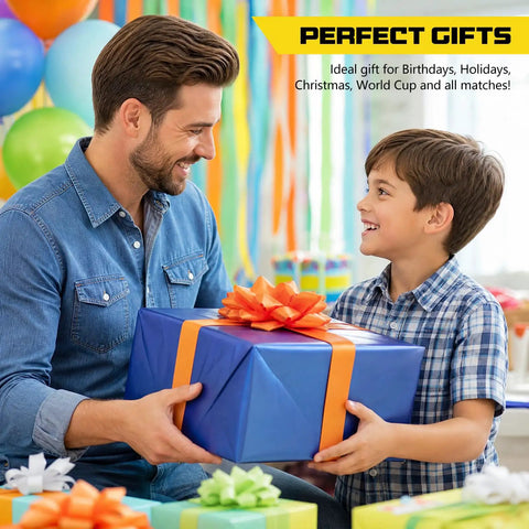 Man and boy exchanging a blue gift box with orange ribbon, balloons in background, labeled 'Perfect Gifts' suggesting idea for celebrations.