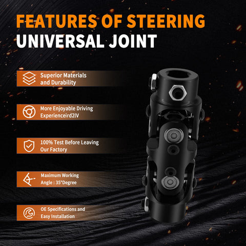 Features of steering universal joint with specifications including superior materials, durability, and easy installation.