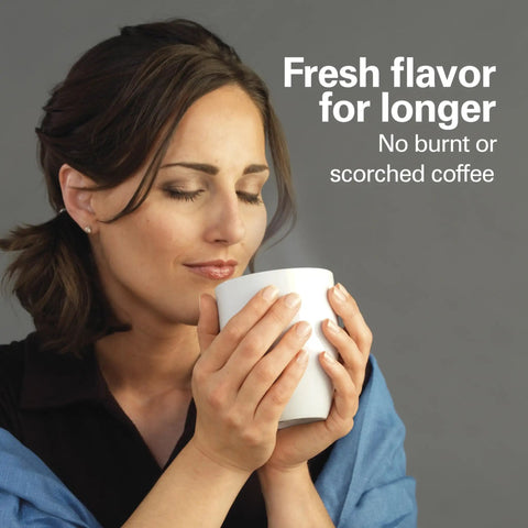 Woman enjoying coffee brewed with One Press Programmable Dispensing Drip Coffee Maker With Internal 12 Cup Brew Pot And Water Reservoir