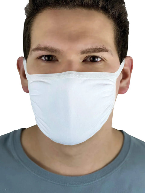 Person wearing Reusable Cotton Face Mask Pack Of 50 White Unisex One Size Fits Most 3 Ply With Silver Threads Washable