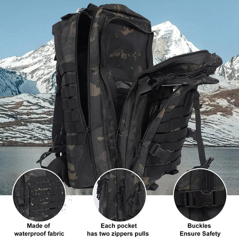 50L Large Tactical Backpack With MOLLE System for Travel Camping Hiking and Fishing Army Assault Pack, black camo, side view