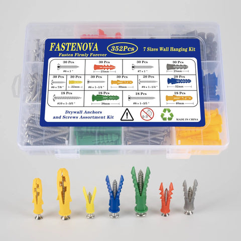 352 Piece Heavy Duty Drywall Anchors And Screws Kit With 7 Sizes Wall Mount Kit 176 Plastic Wall Anchors And 176 Stainless Steel Screws