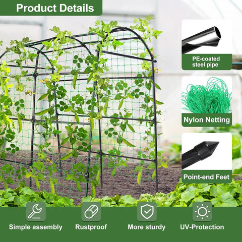 7 Ft Tall Garden Arch Tunnel Trellis For Climbing Plants with metal structure, nylon netting, and point-end feet in a garden setting.