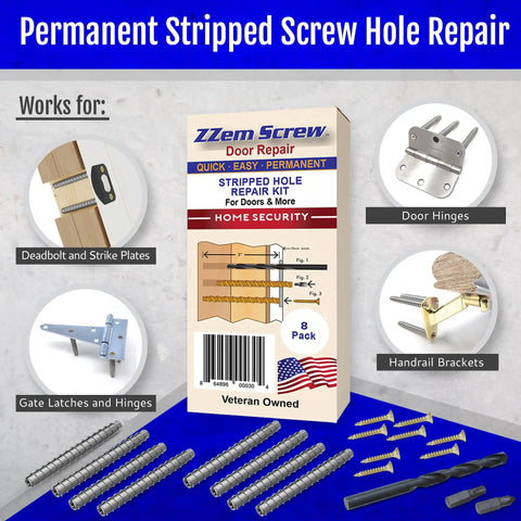 Heavy Duty 8 Pack Permanent Stripped Screw Hole Repair Kit For Door Hinges showing anchors, screws, and tools for easy DIY fixes.