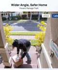 Wide-angle view using No Drill Doorbell Mount Anti Theft Holder, capturing person picking up package at a front door.