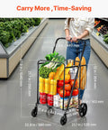 Folding Shopping Cart With Heavy Duty Metal Frame, 110 Lb Load Capacity, shown full of groceries in a supermarket aisle.