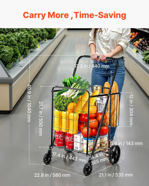 Folding Shopping Cart With Heavy Duty Metal Frame, 110 Lb Load Capacity, shown full of groceries in a supermarket aisle.